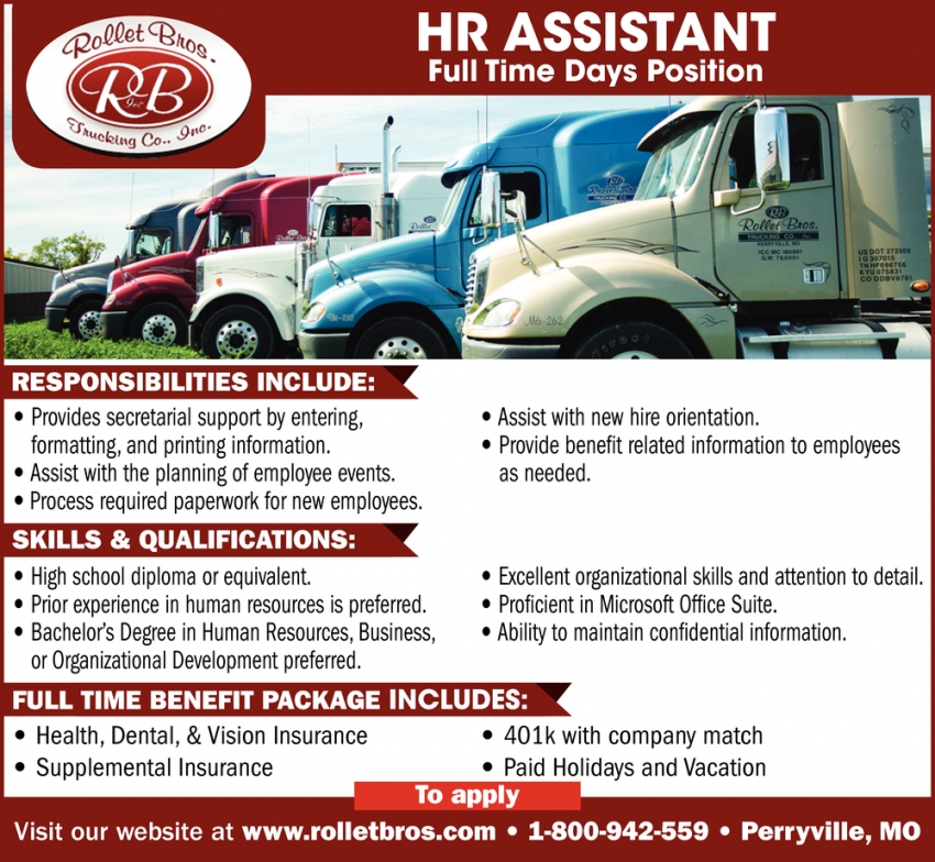 HR Assistant, Rollet Bros. Trucking Co., Inc., Perryville, MO