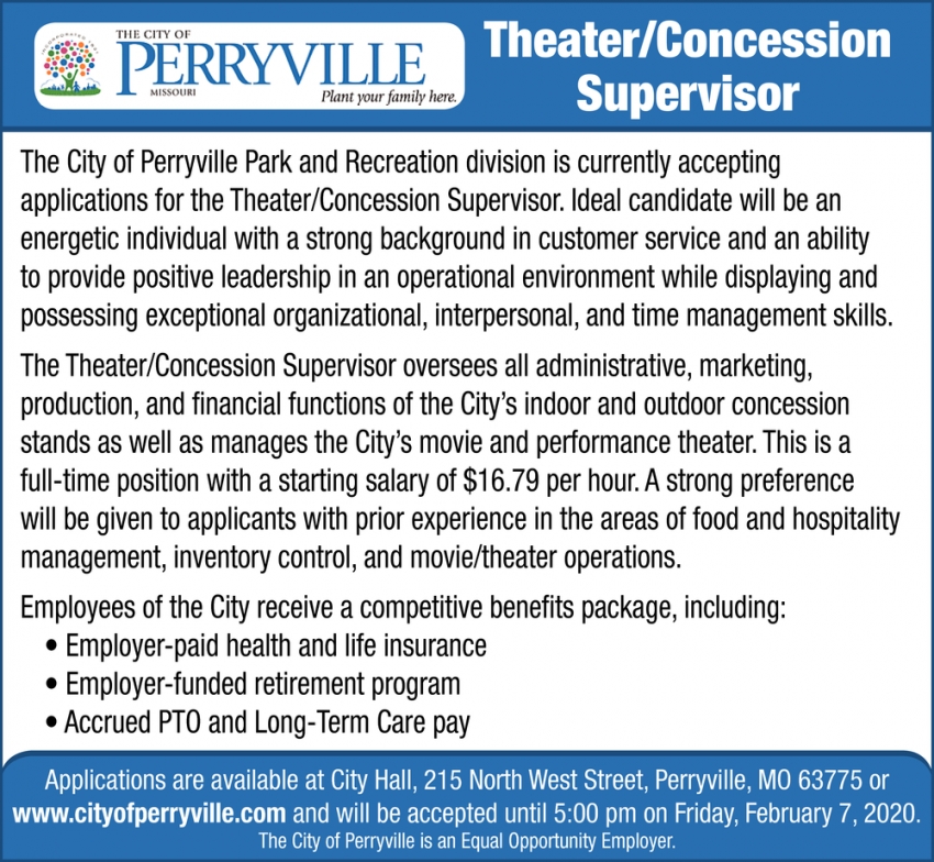 Theater/Concession Supervisor, City of Perryville, Perryville, MO