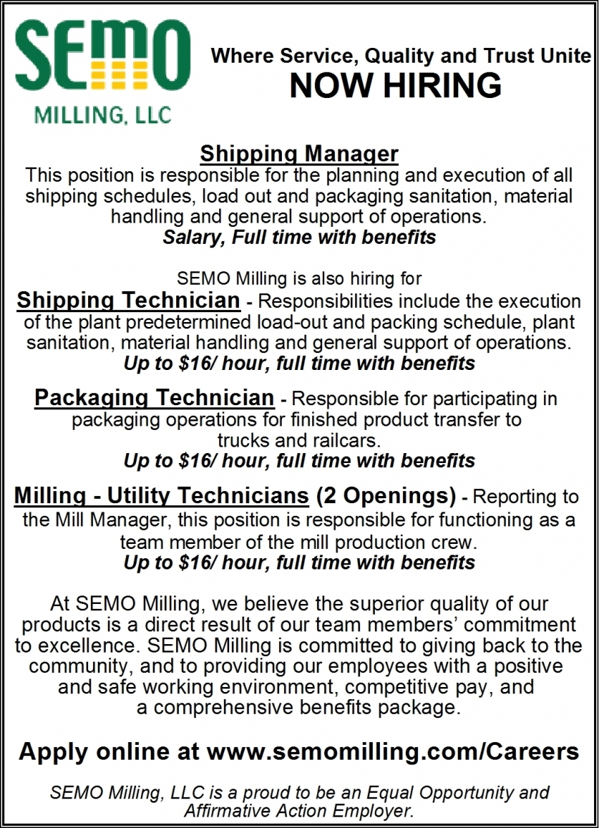 Now Hiring, Semo Milling, Llc, Scott City, MO