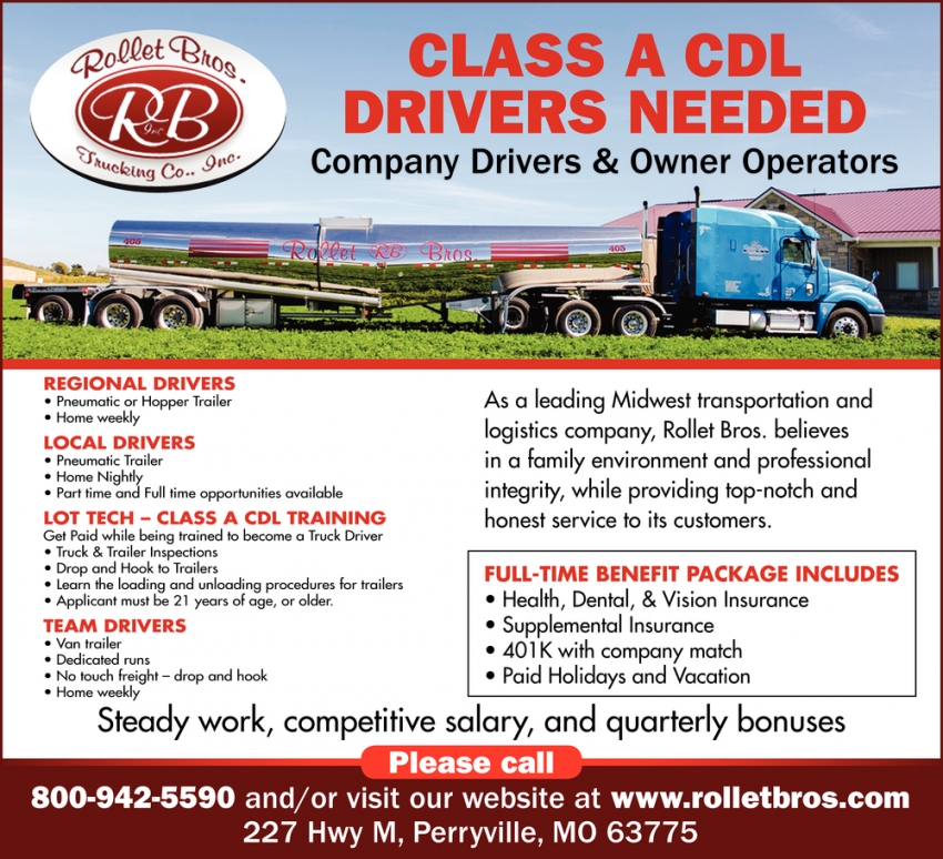 Class A CDL Drivers Needed, Rollet Bros. Trucking Co., Inc., Perryville, MO