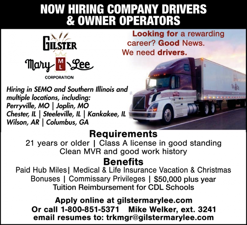 Company Drivers, Owner Operators, Gilster Mary Lee Corporation, Perryville,  MO