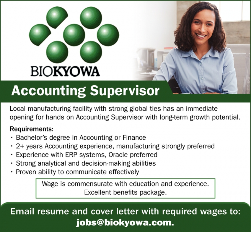 Accounting Supervisor, BioKyowa Inc., Cape Girardeau, MO