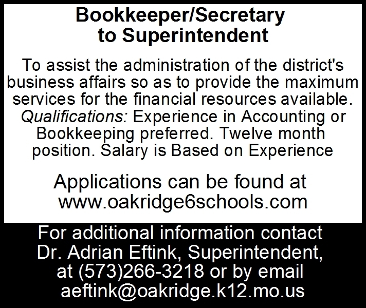 Bookkeeper/ Secretary to Superintendent, Oak Ridge RVI School District