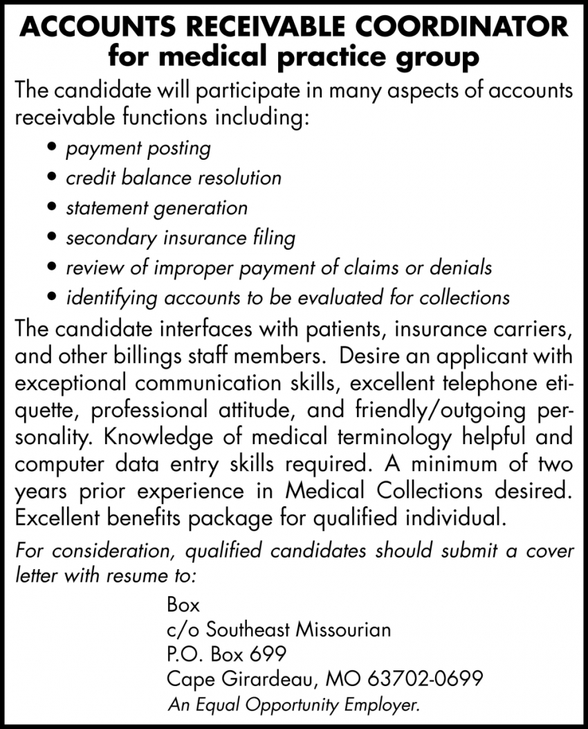 Accounts Receivable Coordinator, Eye Care Specialists, L.l.c., Cape