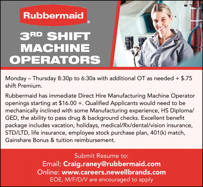 3rd Shift Machine Operators, Rubbermaid, Jackson, MO