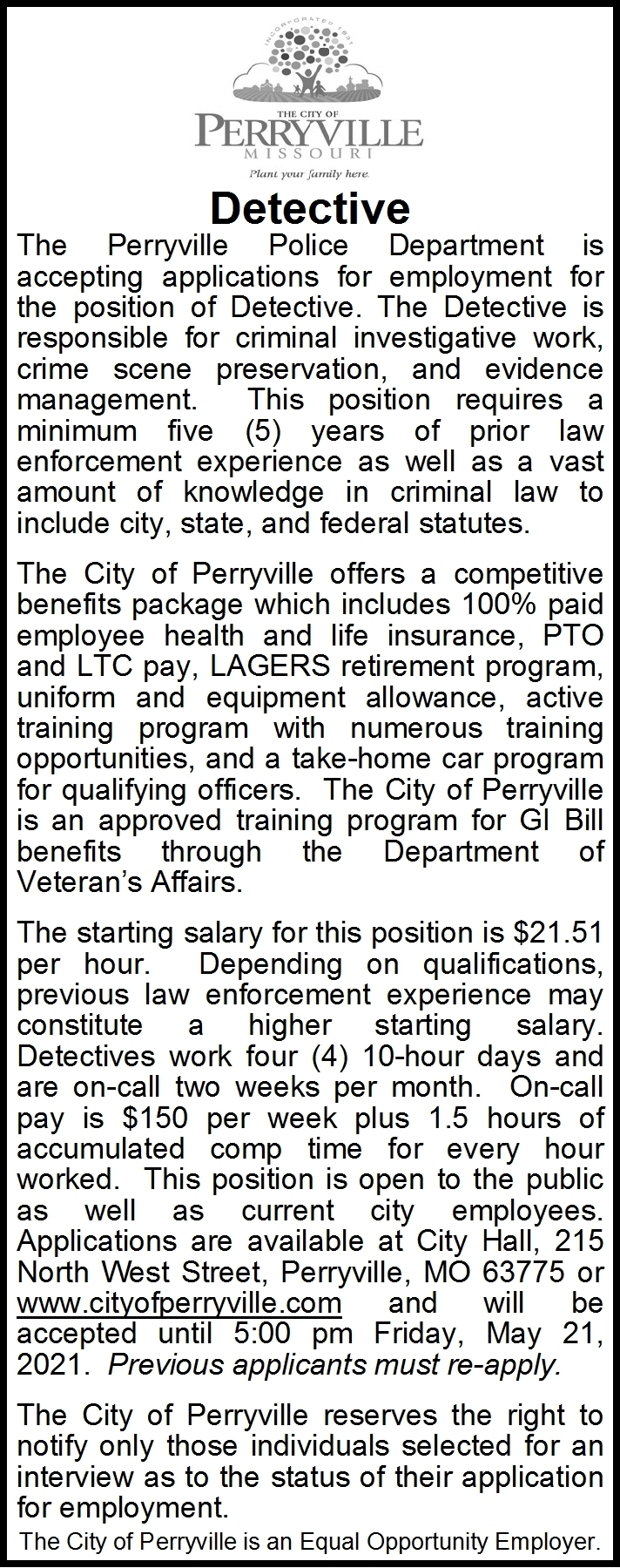 Detective, Perryville Police Department, Perryville, MO