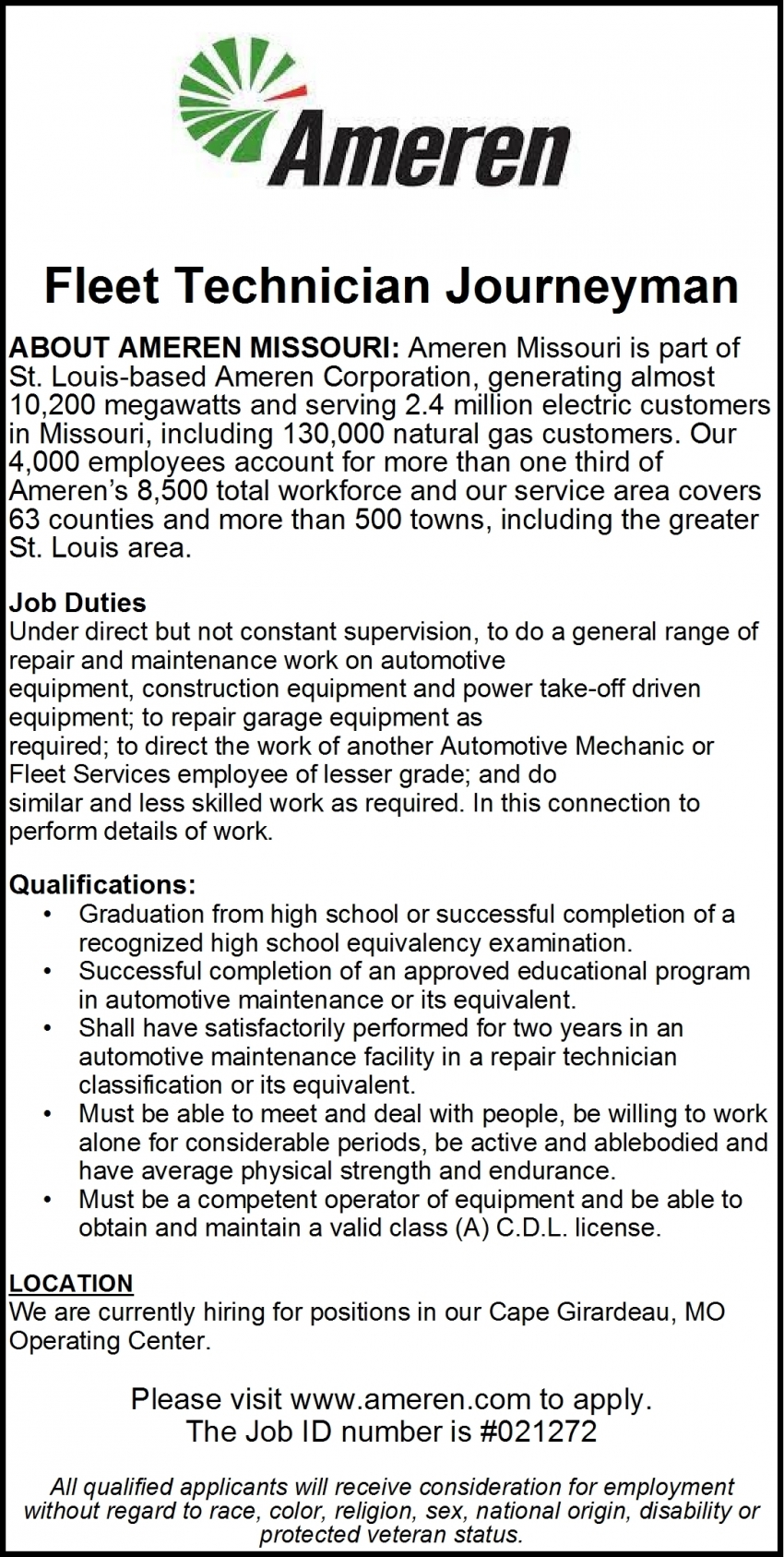 Fleet Technician Journeyman, Ameren