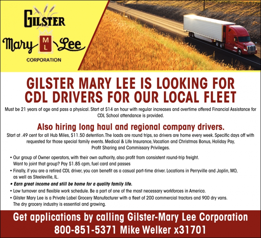 CDL Drivers, Gilster-Mary Lee Corporation, Joplin, MO