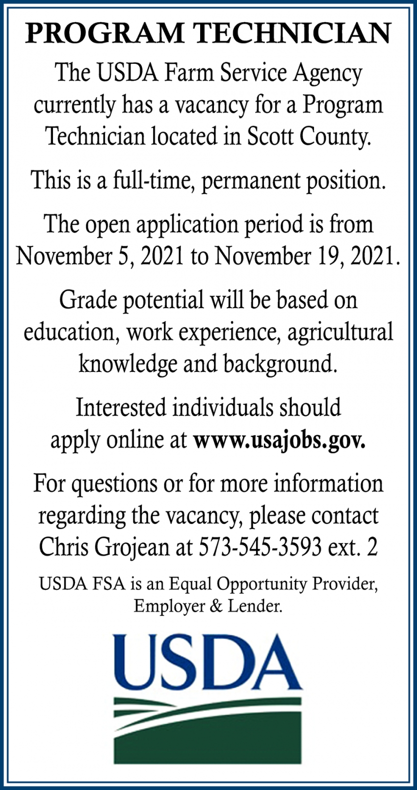 Program Technician, The USDA Farm Service Agency Scott County