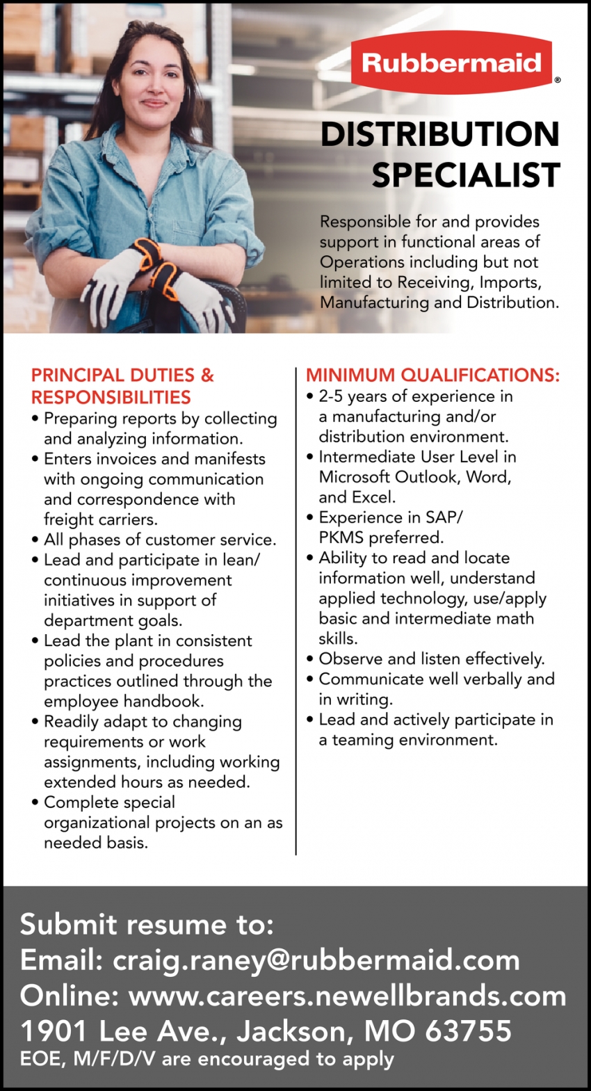 Distribution Specialist, Rubbermaid, Jackson, MO