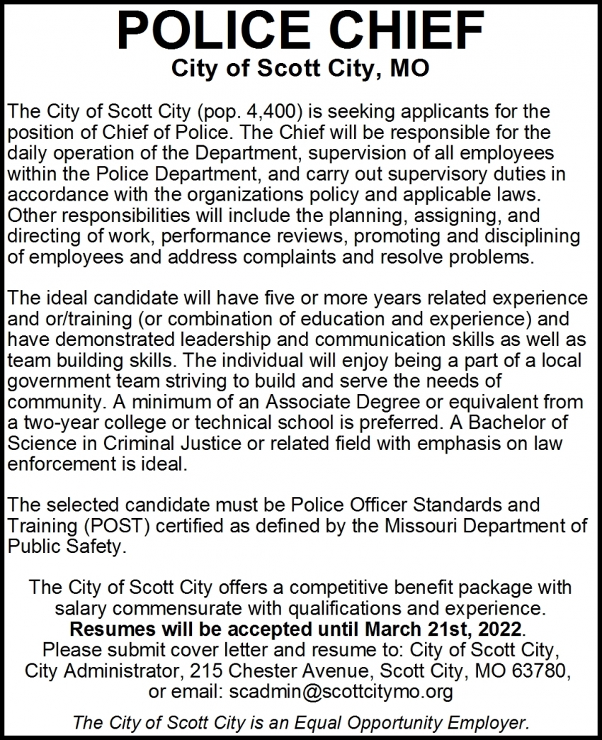 Police Chief, City Of Scott City, Scott City, MO