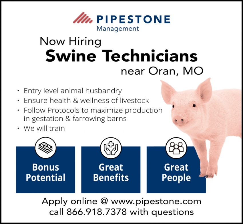 Swine Technicians, Pipestone Systems, Oran, MO