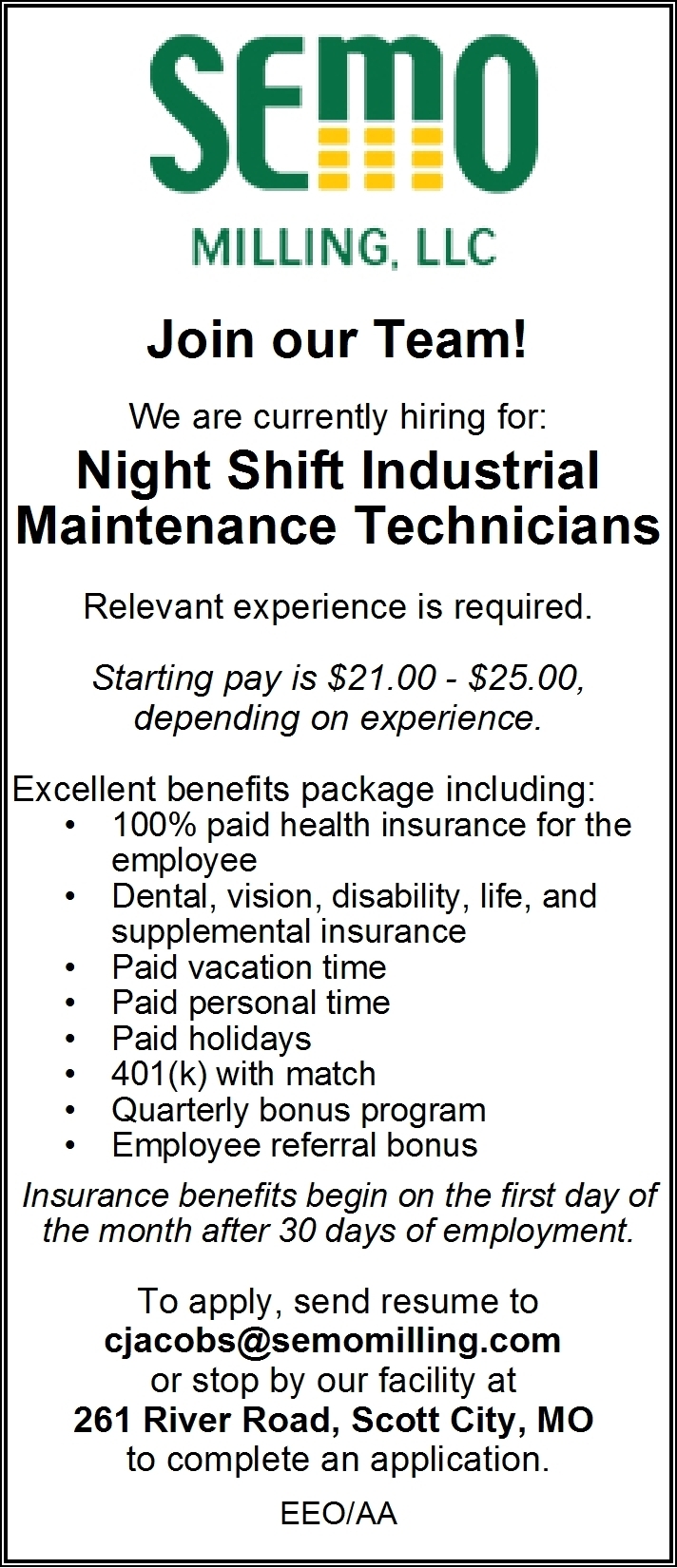 Night Shift Industrial Maintenance Technicians, Semo Milling, Llc ...