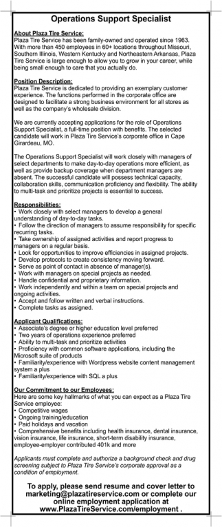 operations support specialist plaza tire service cape girardeau mo