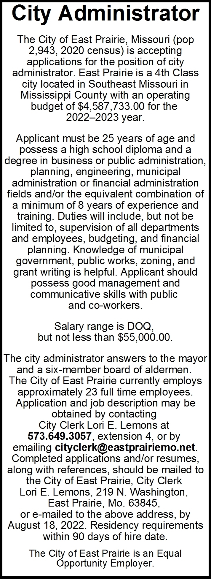 City Administrator, The City of East Prairie, East Prairie, MO