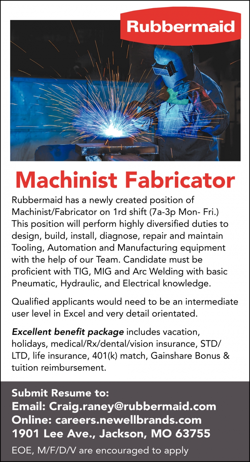 Machinist Fabricator, Rubbermaid, Jackson, MO