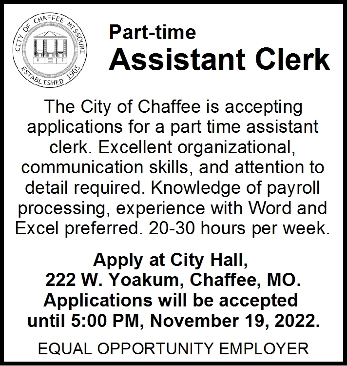 Assistant Clerk, City Of Chaffee, Chaffee, MO