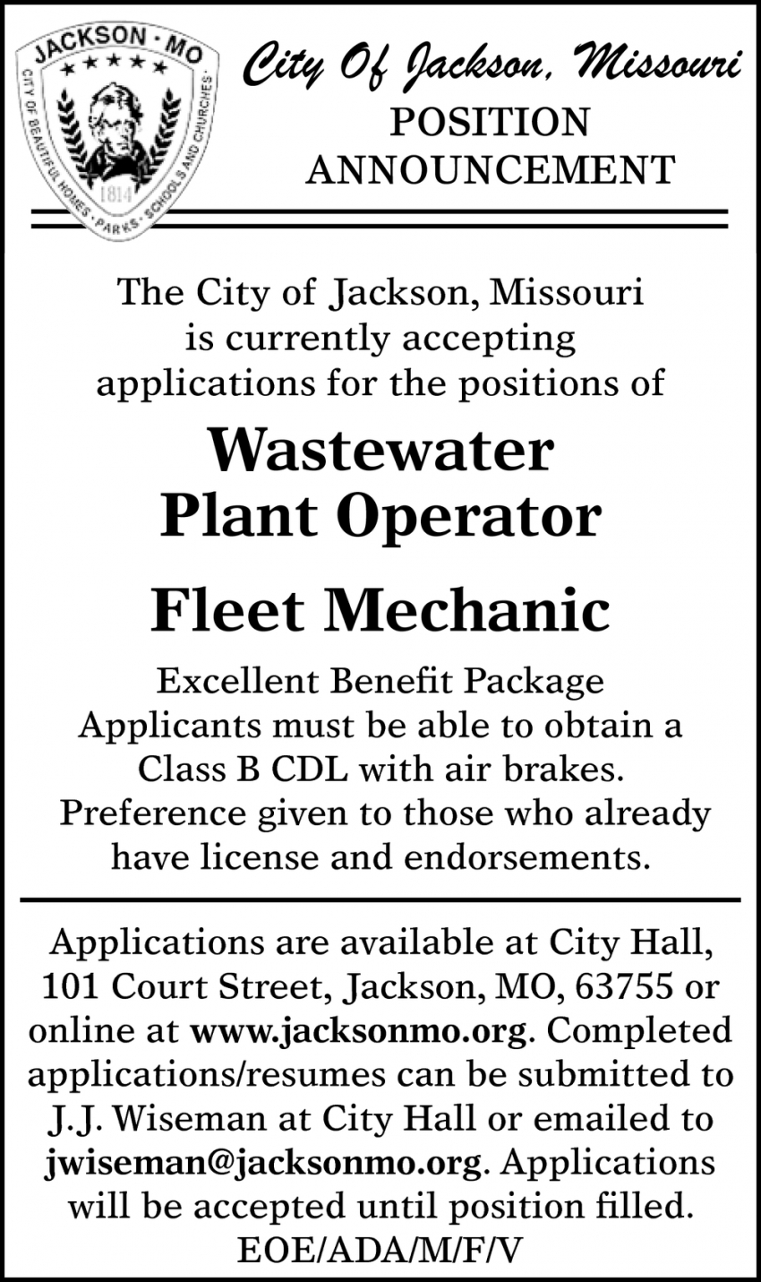 Wastewater Plant Operator, City of Jackson, Missouri, Jackson, MO
