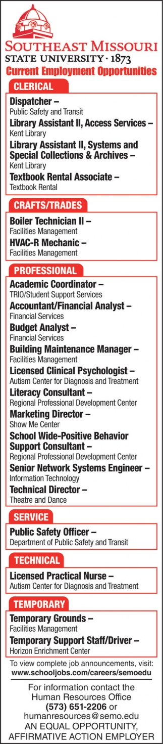 Current Employment Opportunities, Southeast Missouri State University