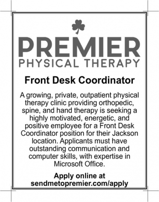Front Desk Coordinator Premier Physical Therapy