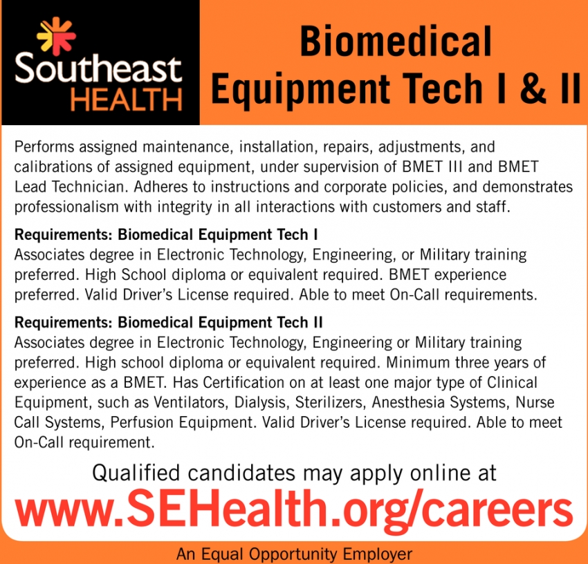 Biomedical Equipment Tech I & II, Southeast Health, Cape Girardeau, MO