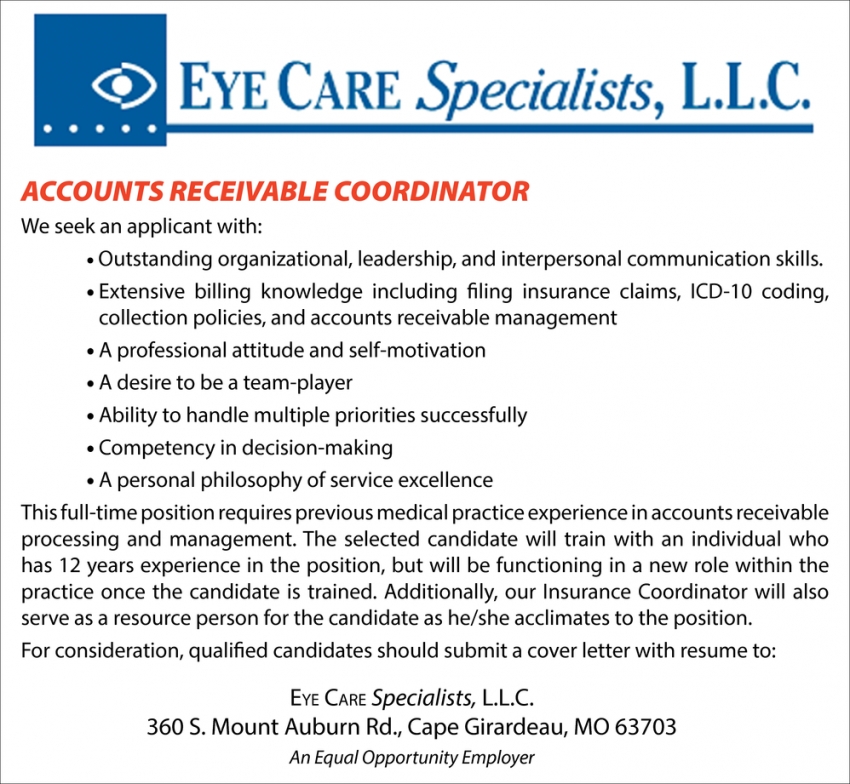 Accounts Receivable Coordinator, Eye Care Specialists, LLC., Cape