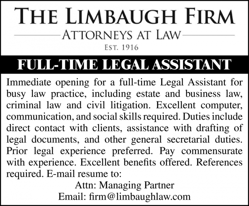 Legal Assistant, The Limbaugh Firm, Cape Girardeau, MO