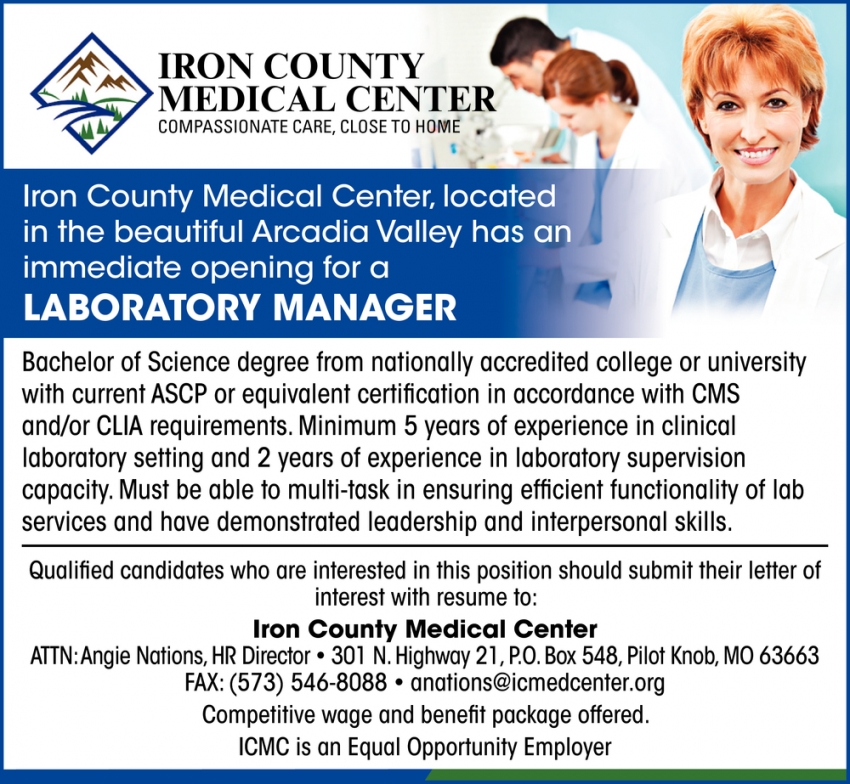 Laboratory Manager, Iron County Medical Center, Pilot Knob, MO