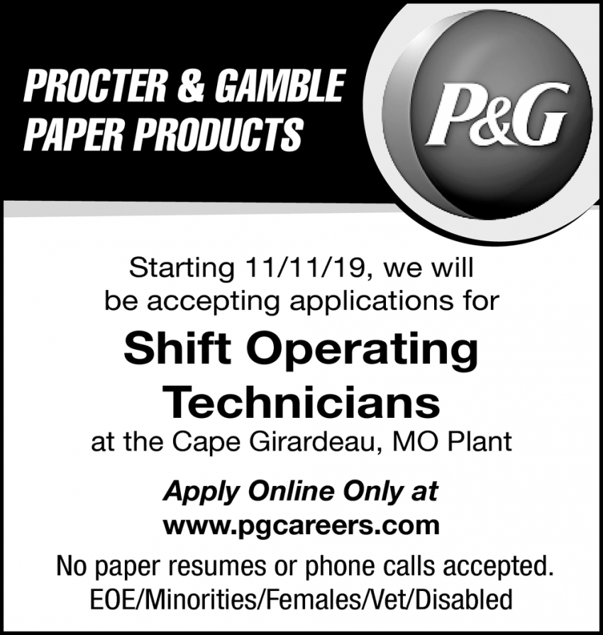 Shift Operating Technicians, Procter & Gamble Paper Products, Cape